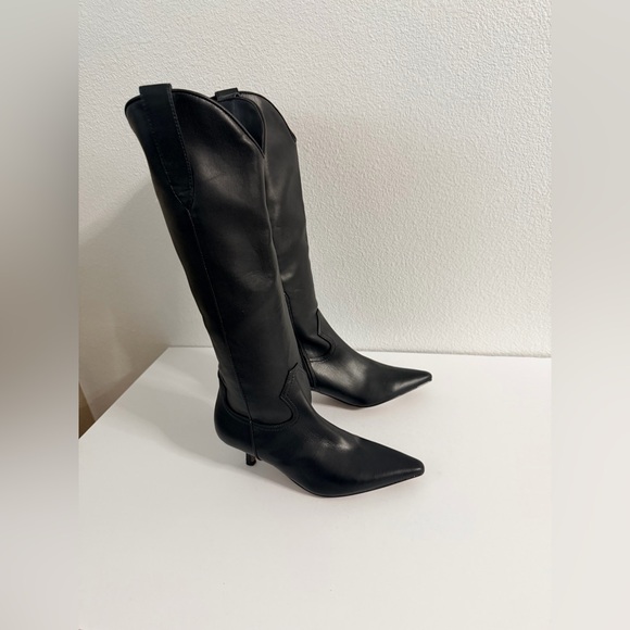 Steven New York Britt Black Pointed Toe Knee High Kitten Heel Western Boots 5.5 - Picture 2 of 8